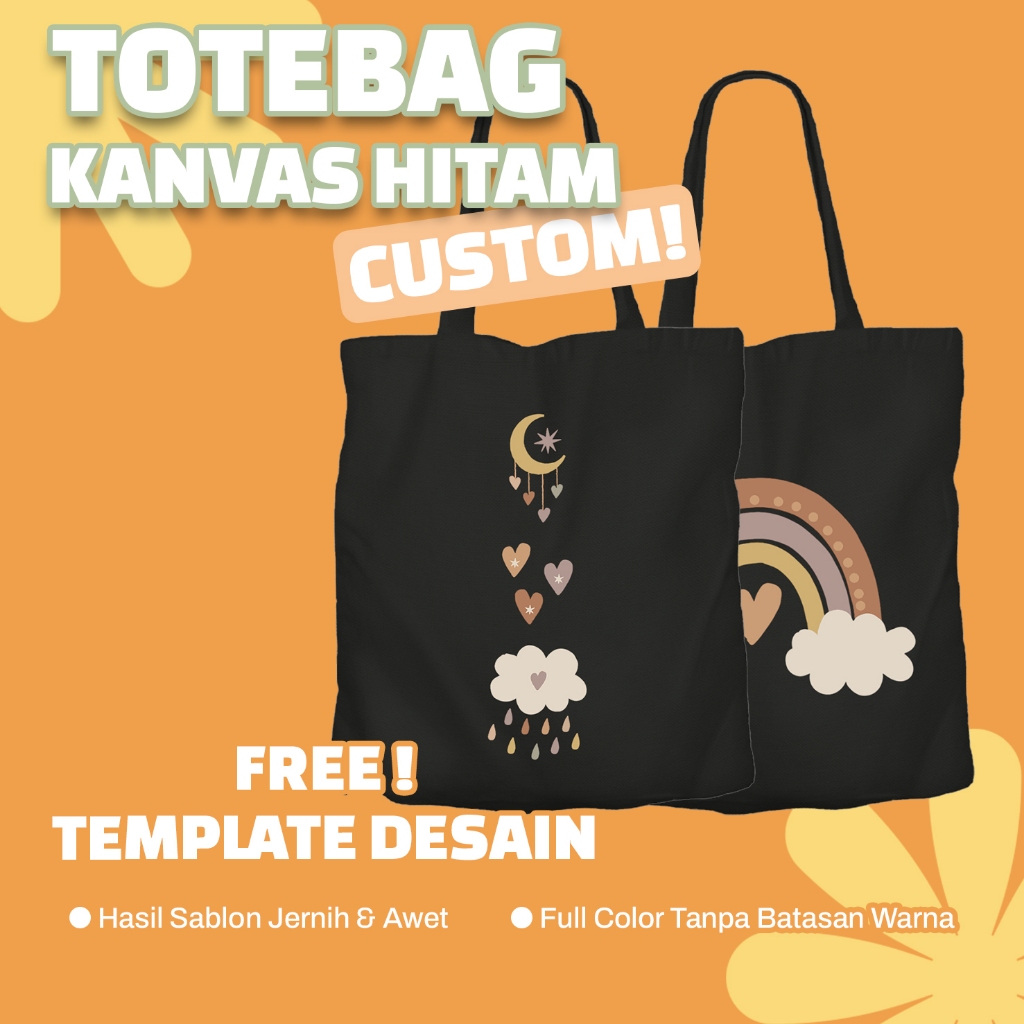 Totebag Kanvas Hitam Custom Design Murah Meriah Bahan Tebal / Totebag Canvas Hitam Karakter / Tas Ku