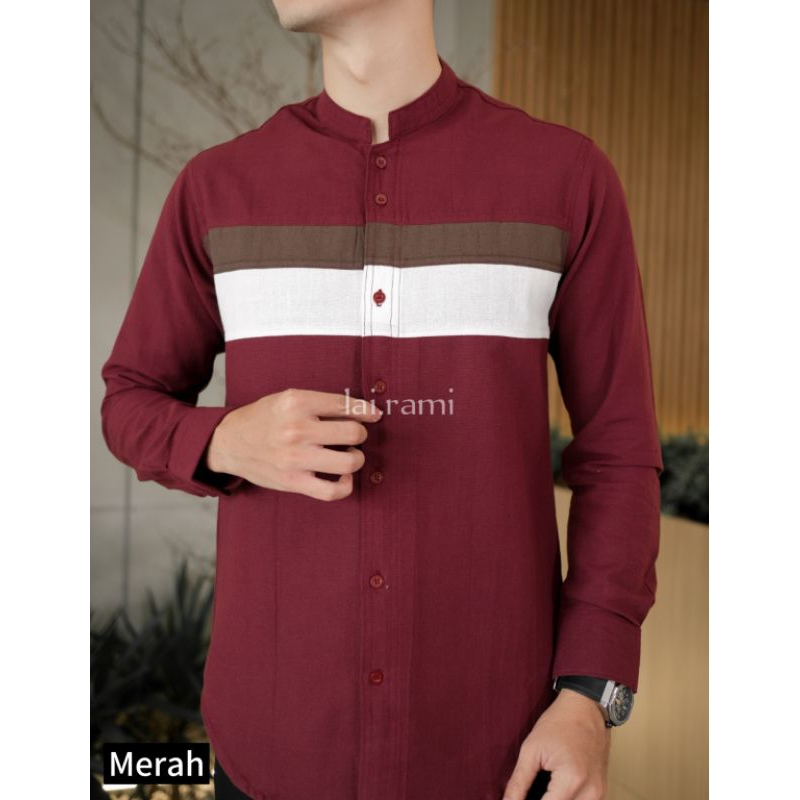 Kemeja Koko Pria Lengan Panjang Kombinasi - NESS Original - Bahan Linen Premium