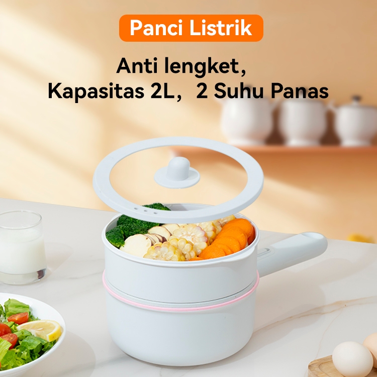 Panci listrik Wajan listrik (dua dalam satu) Kompor listrik multifungsi 2L Kompor listrik kecilPutih