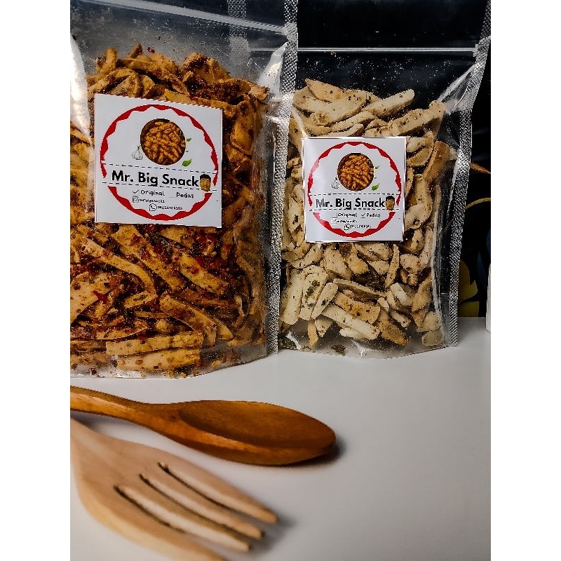 

Mr. Big Snack - Kemasan 1kg Basreng Pedas Daun jeruk dan Original Daun Jeruk