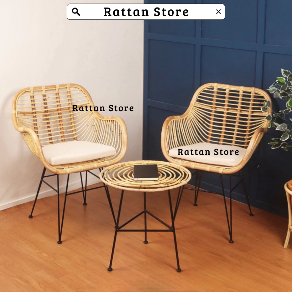 Kursi Teras Rotan Minimalis Rangka Besi 1 Set / Kursi Cafe / Kursi Makan