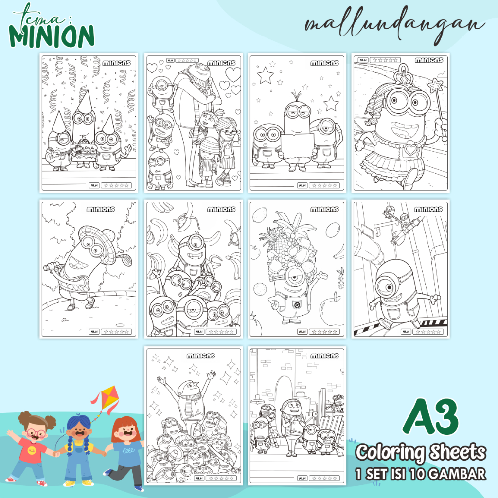 

LEMBARAN MEWARNAI ANAK A3 - TEMA MINION - PAPER COLORING SHEETS FOR KIDS