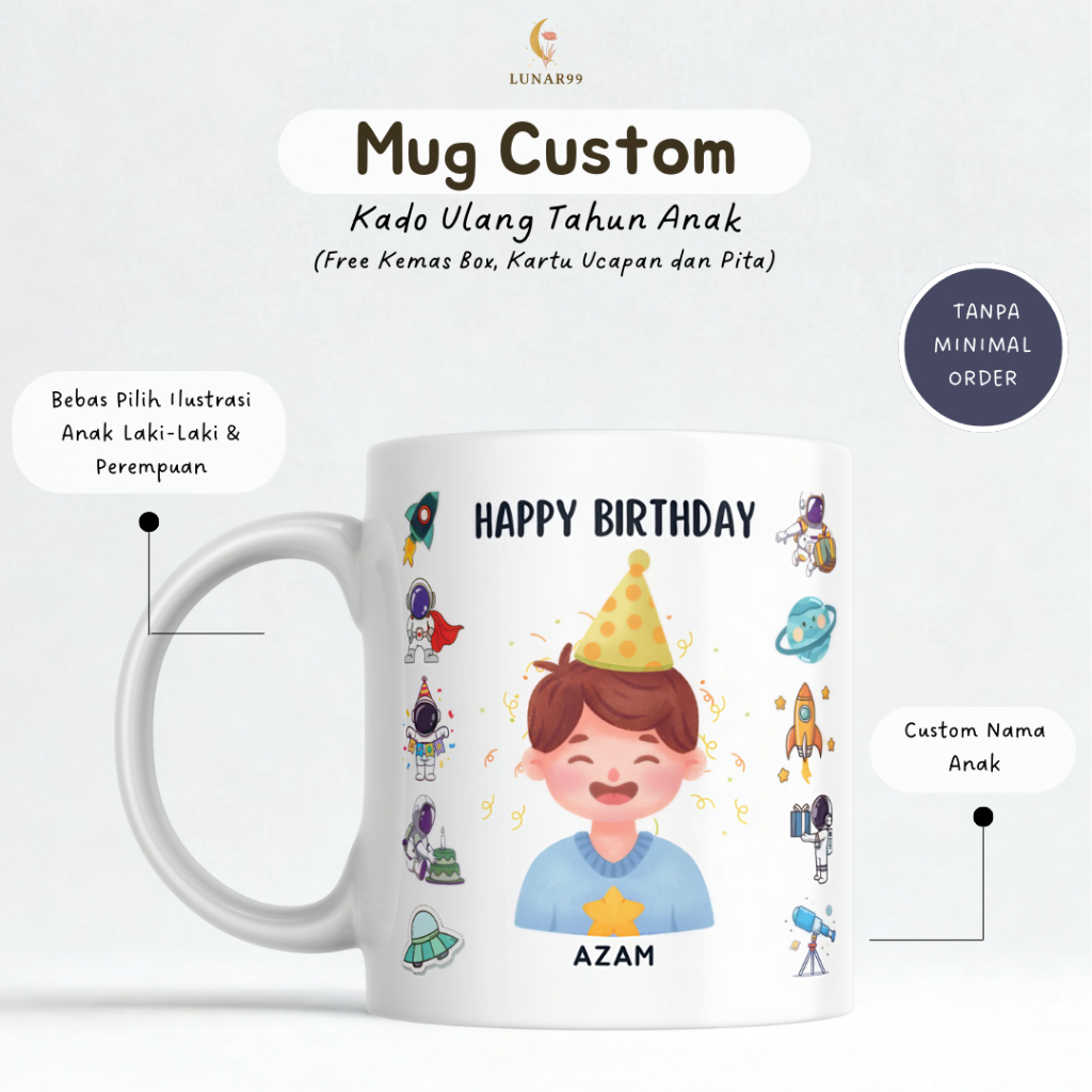 Kado Ulang Tahun Anak Mug Karakter Custom Nama | Hadiah-Souvenir Ulang Tahun Mug Karakter Lucu