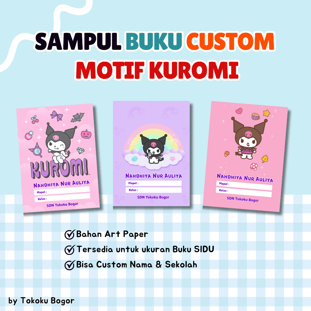 

Sampul Buku Motif Kuromi Custom Nama dan Sekolah Anak Murah / Sampul Buku Tulis Motif / Sampul Buku Kuromi
