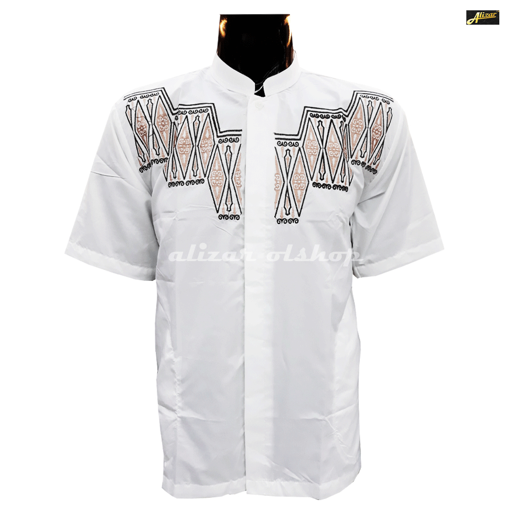 Baju Koko Bordir  Pria, Baju Koko Muslim Dewasa, Koko Bordir Pria Lengan Pendek, Khusus Putih