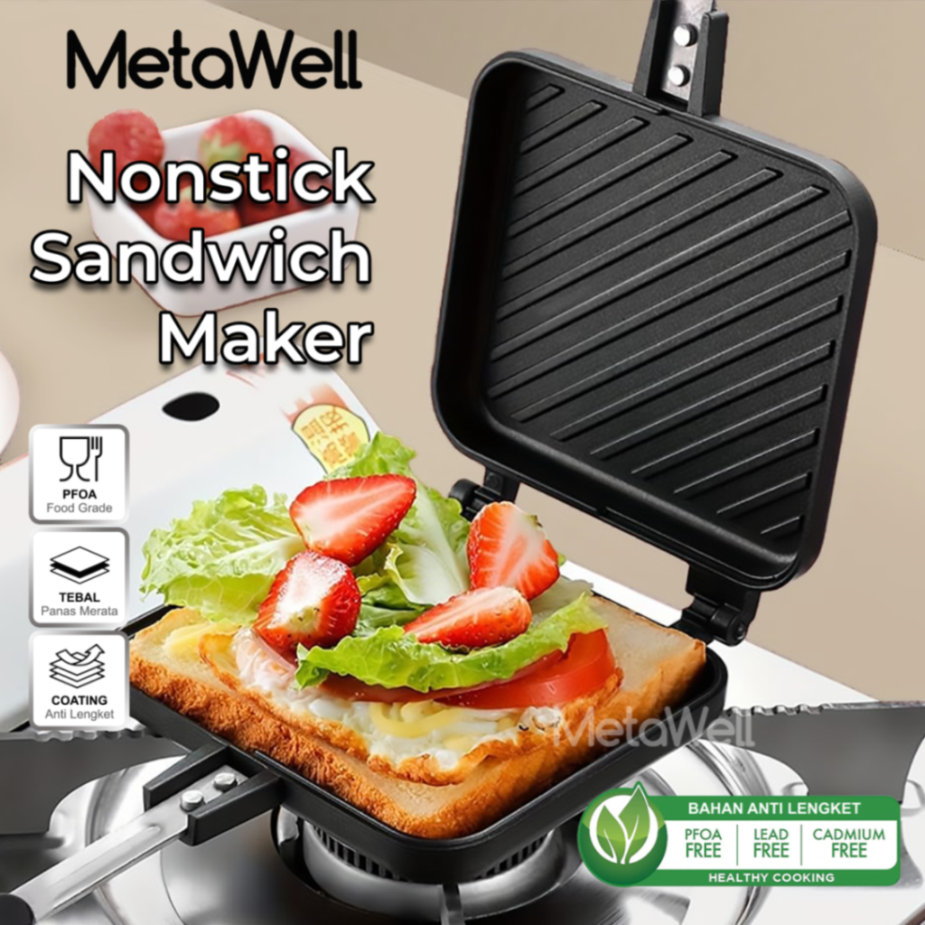 METAWELL Cetakan sandwich maker double pan alat panggang roti panini kompor grillpan anti lengket