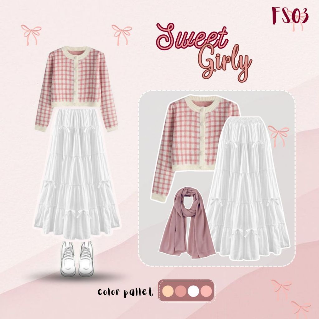 Set Outfit Korean Style (Cardigan Snow Korean, Rok, Pashmina)One Set Rok Wanita Korean Style | FS03