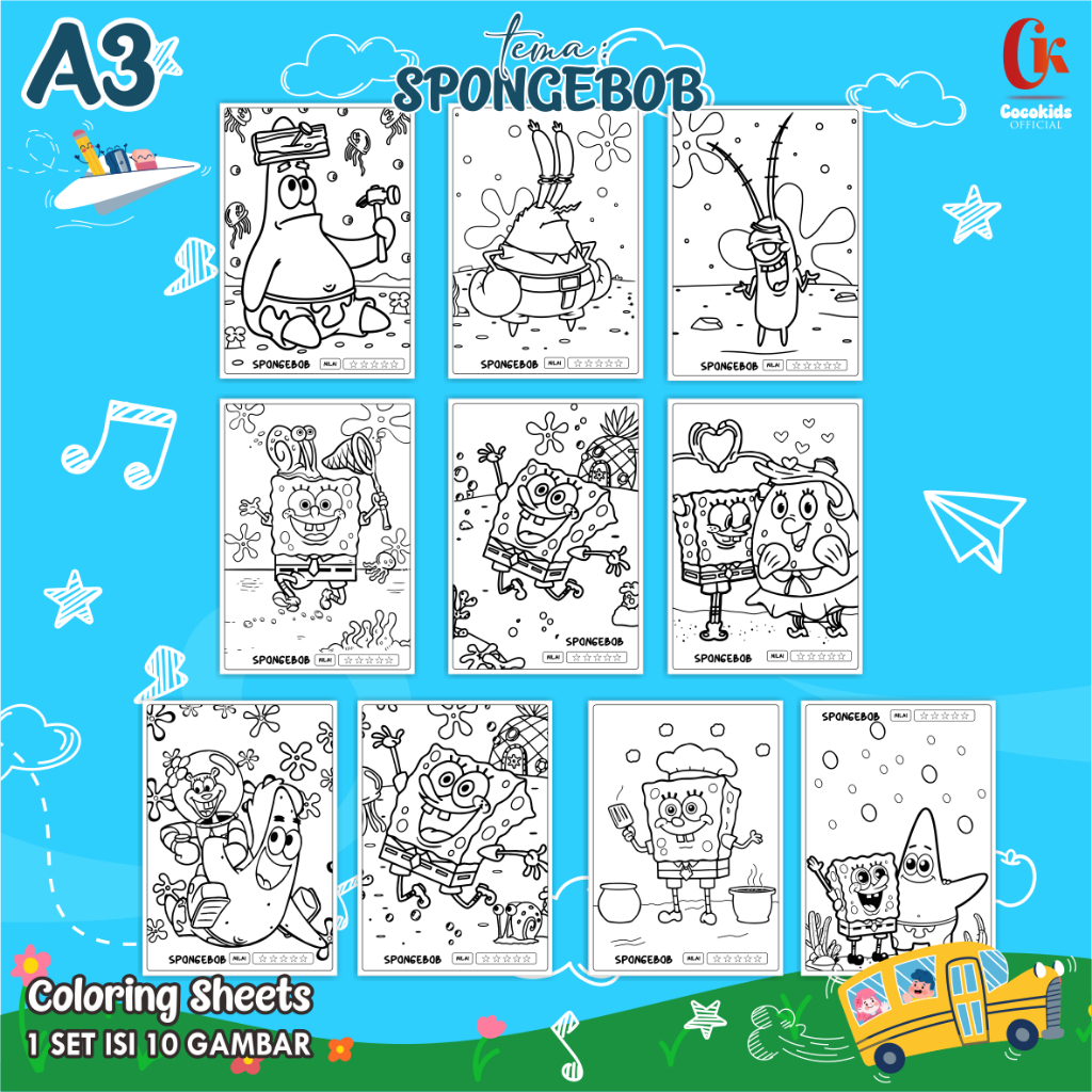 

(SPONGEBOB 01) KERTAS MEWARNAI ANAK A3 - COLORING SHEETS SERIES 1 - LEMBAR MEWARNAI ANAK PAUD/TK/SD