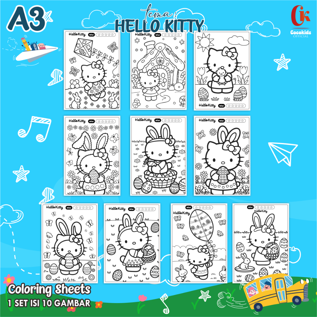 

(HELLO KITTY 01) KERTAS MEWARNAI ANAK A3 - COLORING SHEETS SERIES 1 - LEMBAR MEWARNAI ANAK PAUD/TK/SD