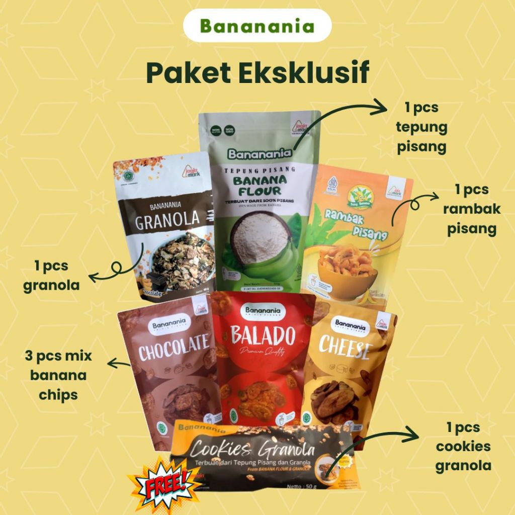 

[Bananania] Paket Ekslusif All Produk Bananania Free Cookies - Keripik Kripik Pisang Granola Camilan Jajanan Murah Enak Crispy
