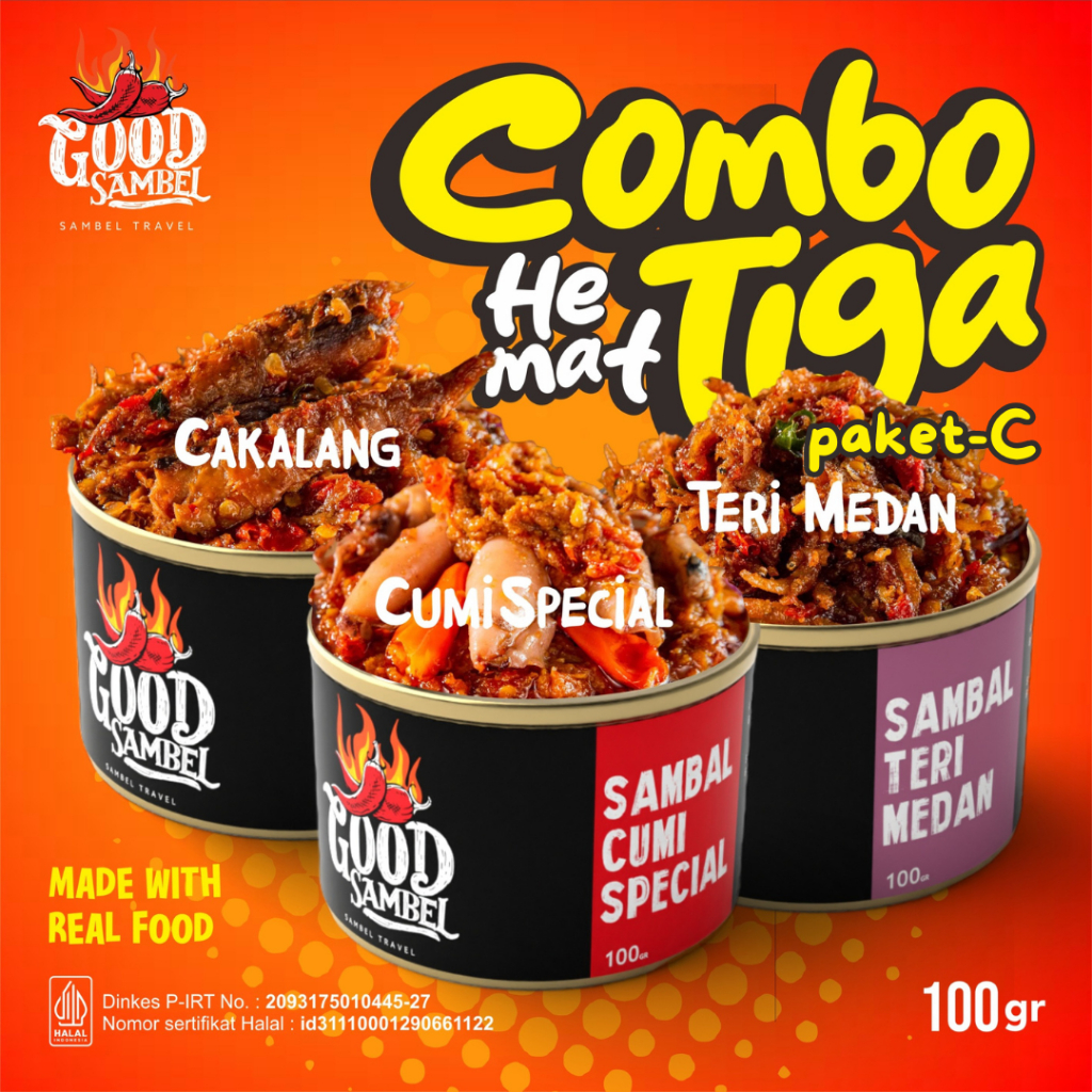 

Combo Hemat 3 Kaleng Paket C Sambal Cumi, Teri, Cakalang Good Sambel 100g Halal