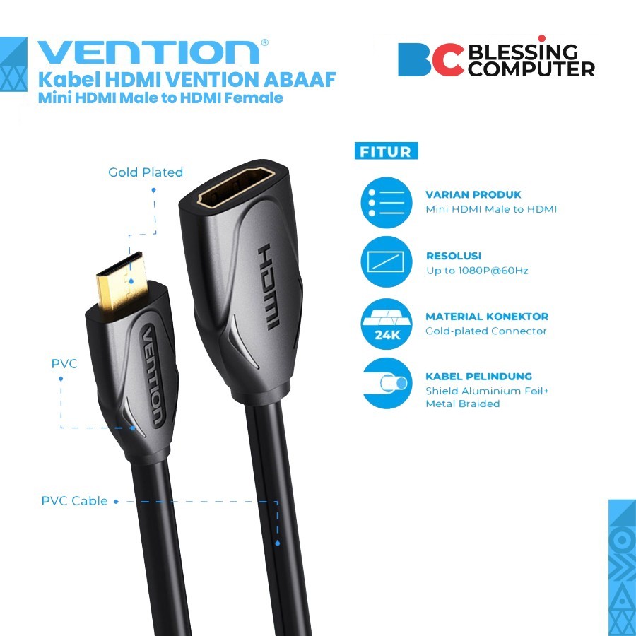Kabel HDMI VENTION ABAAF Mini HDMI Male to HDMI Female 1Meter