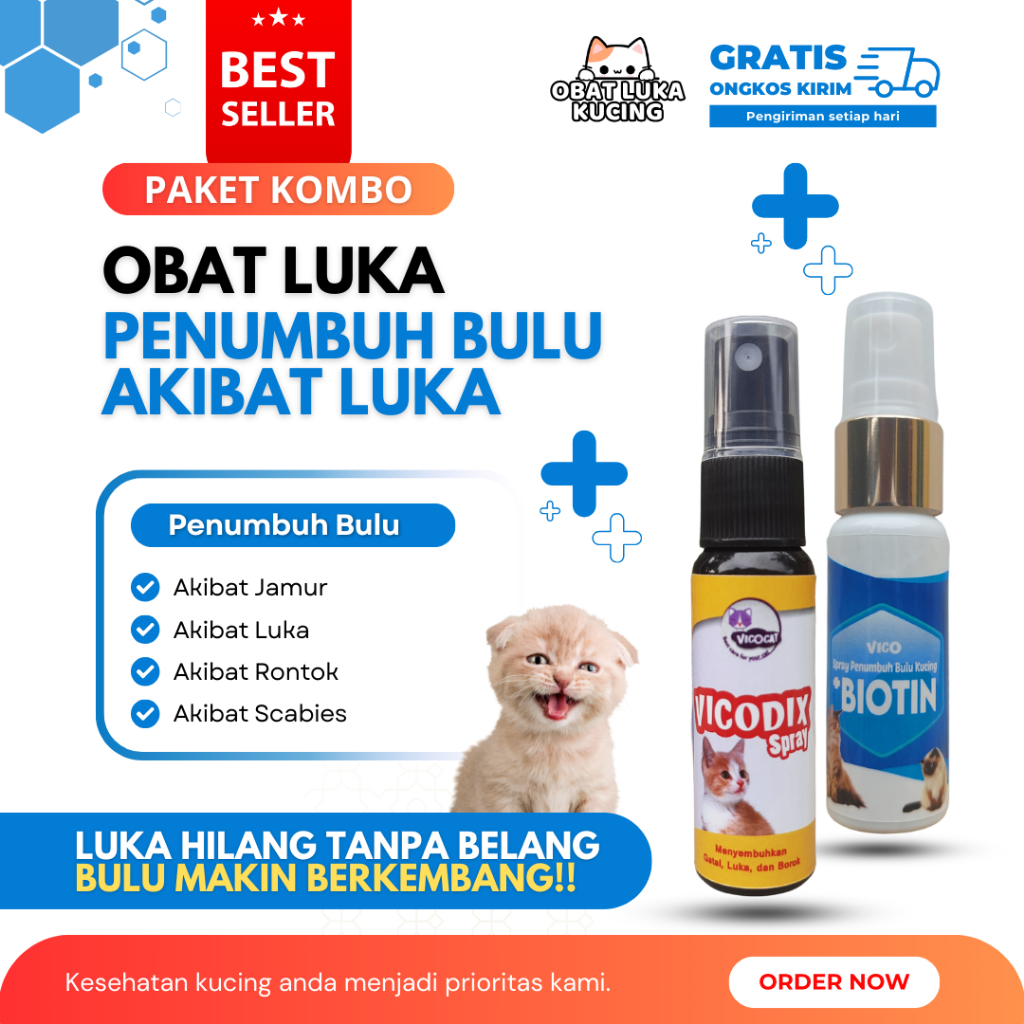 Paket Obat Luka Kucing dan Spray Penumbuh Bulu Kucing Botak Akibat Luka