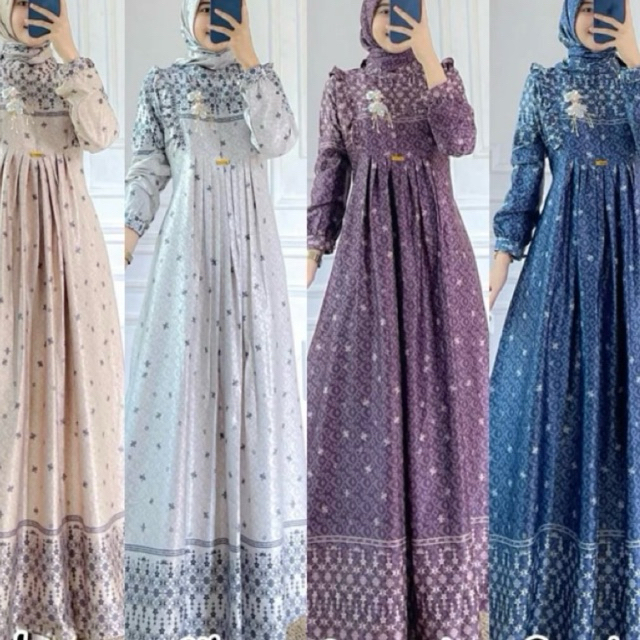 Khalisa Set Hijab Gamis Silk Motif Terbaru Elegant