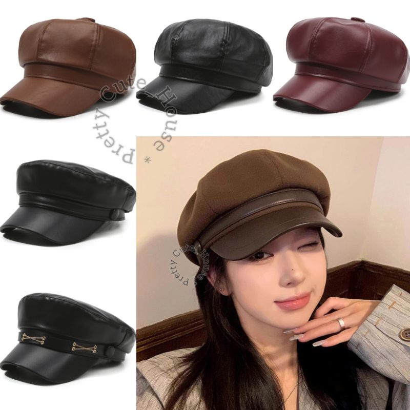Topi Baret Oktagonal Korean Style Premium Quality / Topi Baret Wanita Gaya Retro Bahan Kulit Sinteti
