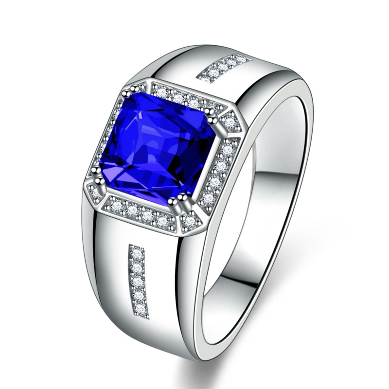 Cincin Perak King Sapphire Blue Safir Cushion Mewah Elegan Minimalis