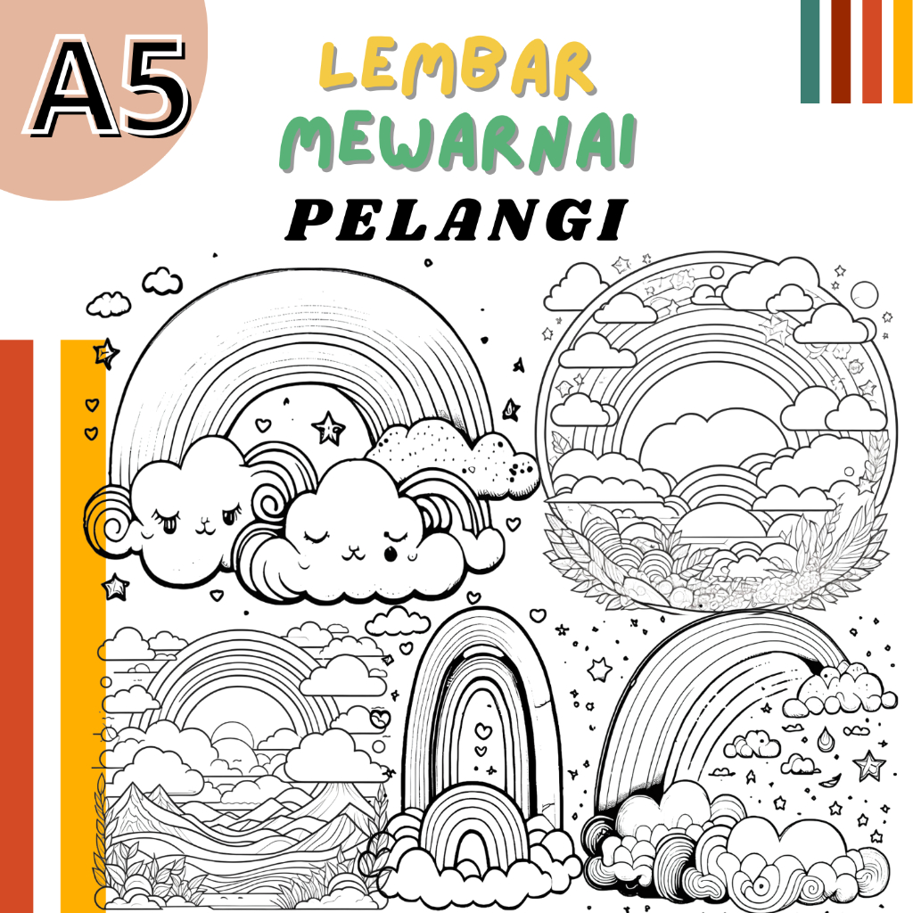 

Lembar A5 Kertas Mewarnai Tema PELANGI RAINBOW | Coloring Worksheet | Children Coloring Pages | Lembar Mewarnai Anak-anak | Buku Bergambar | Buku Mewarnai | Lembar Bergambar