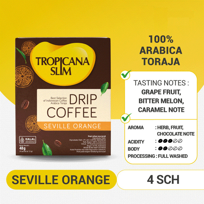 

Tropicana Slim Drip Coffee Seville Orange 48g - Kopi Instan 100% Arabica Toraja