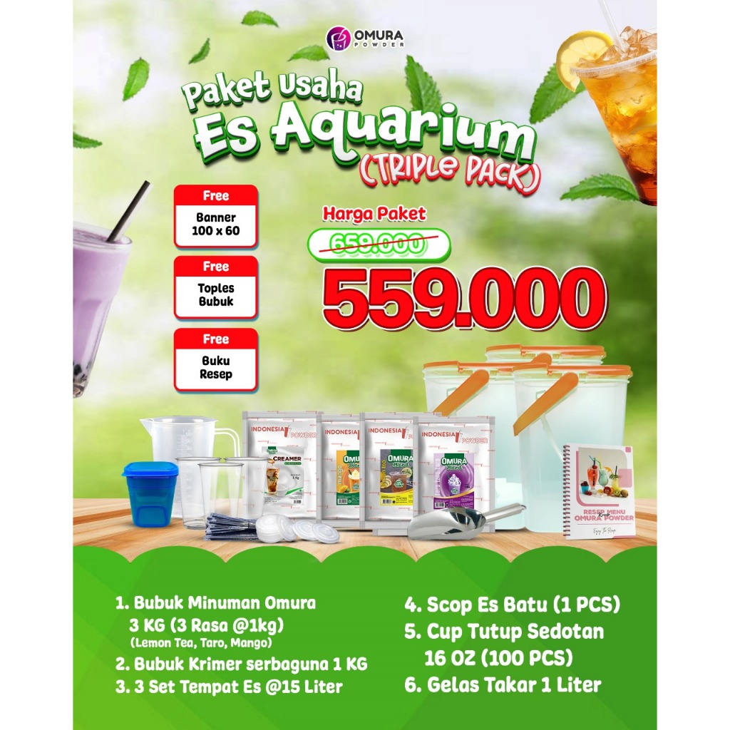 [PAKET ES AQUARIUM TRIPLE MINI PACK] Paket Usaha Es Akuarium Franchise Bubuk Minuman Kekinian Paket 