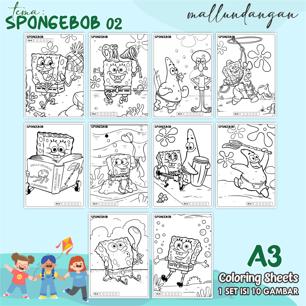 

LEMBARAN MEWARNAI ANAK A3 - TEMA SPONGEBOB 02 - PAPER COLORING SHEETS FOR KIDS