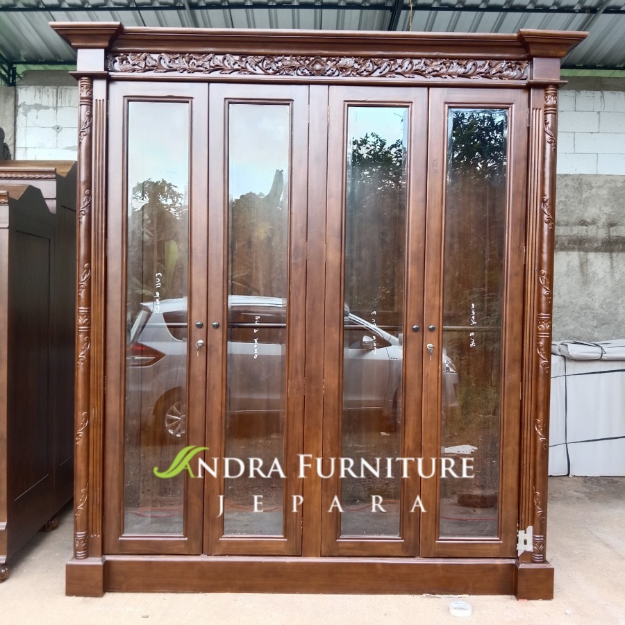 Almari etalase kaca 4 pintu ukiran gantungan baju batik atas bawah