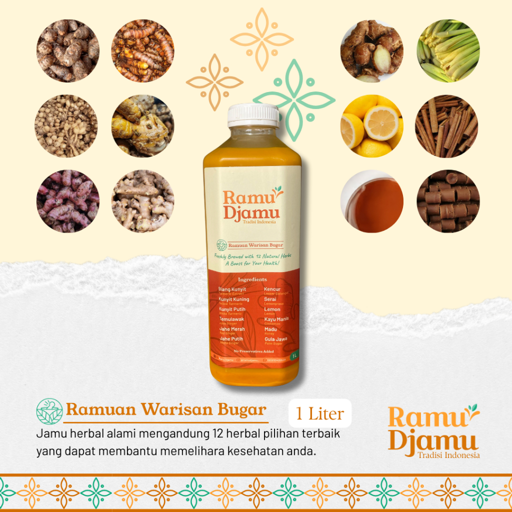 

Ramu Djamu Jamu Ramuan Warisan Bugar (12 Rempah Alami) 1 Liter dan 500ml
