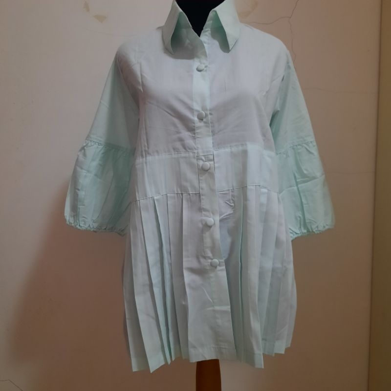 Kemeja Blouse JUST MEE Hijau Biru Tosca Muda Pastel Atasan Wanita Panjang Lengan Balon
