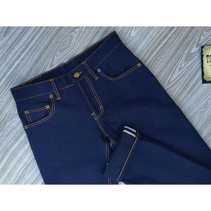 TORTUGA DENIM CELANA JEANS: Pilgrim WB, wrangler indigo x black 14.5oz selvedge accents