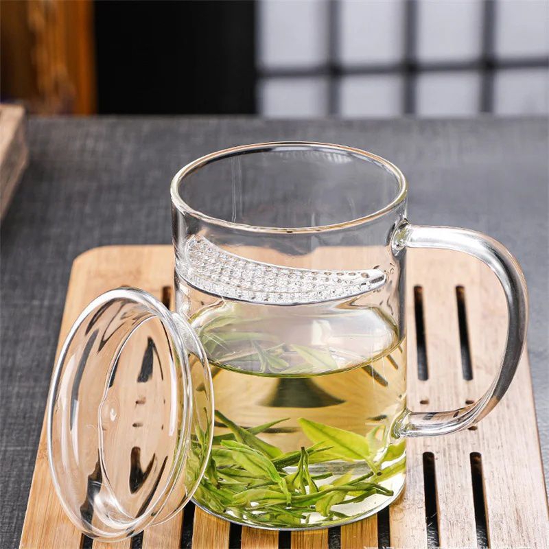 gelas kaca cangkir teh saringan kaca tahan panas api  infuser mug with lid