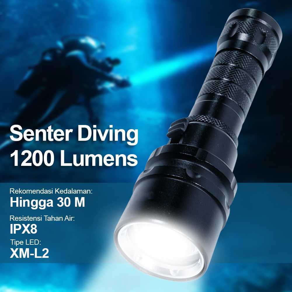 Lampu Senter LED Kuat untuk Menyelam YUPARD LED Diving Flashlight Waterproof L2 1200 Lumens