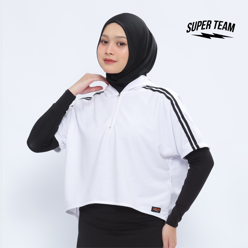 SUPER TEAM Hoodie Oversize Wanita Muslimah Lengan Pendek Hijab Sporty Stylish