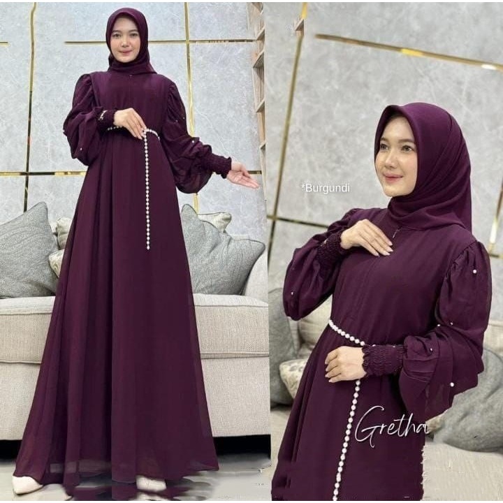 Gamis Terbaru Tren 2025 Gretha Dress Ceruty Babydoll Tile Payet Import Premium Jumbo Lebaran Viral T
