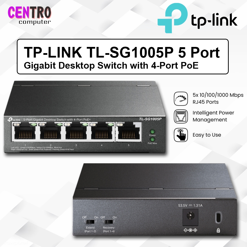 TPLINK TL-SG1005P 5 Port Gigabit Desktop Switch with 4-Port PoE TP-Link TL-SG1005P – 5-Port Gigabit
