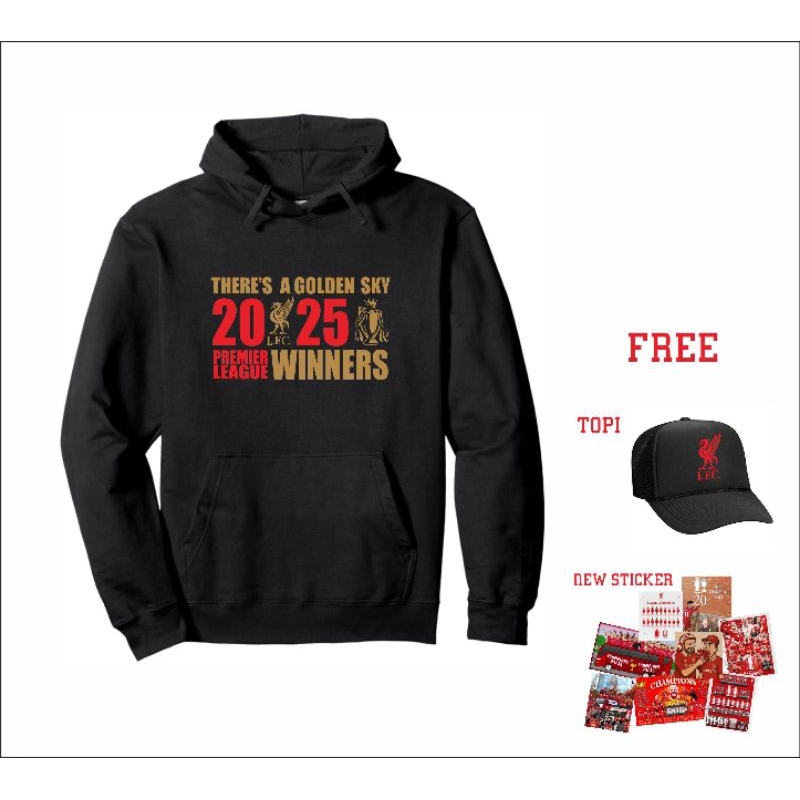 Hoodie Jumper Liverpool Champions 24/25 Premier League Black Premium FREE TOPI