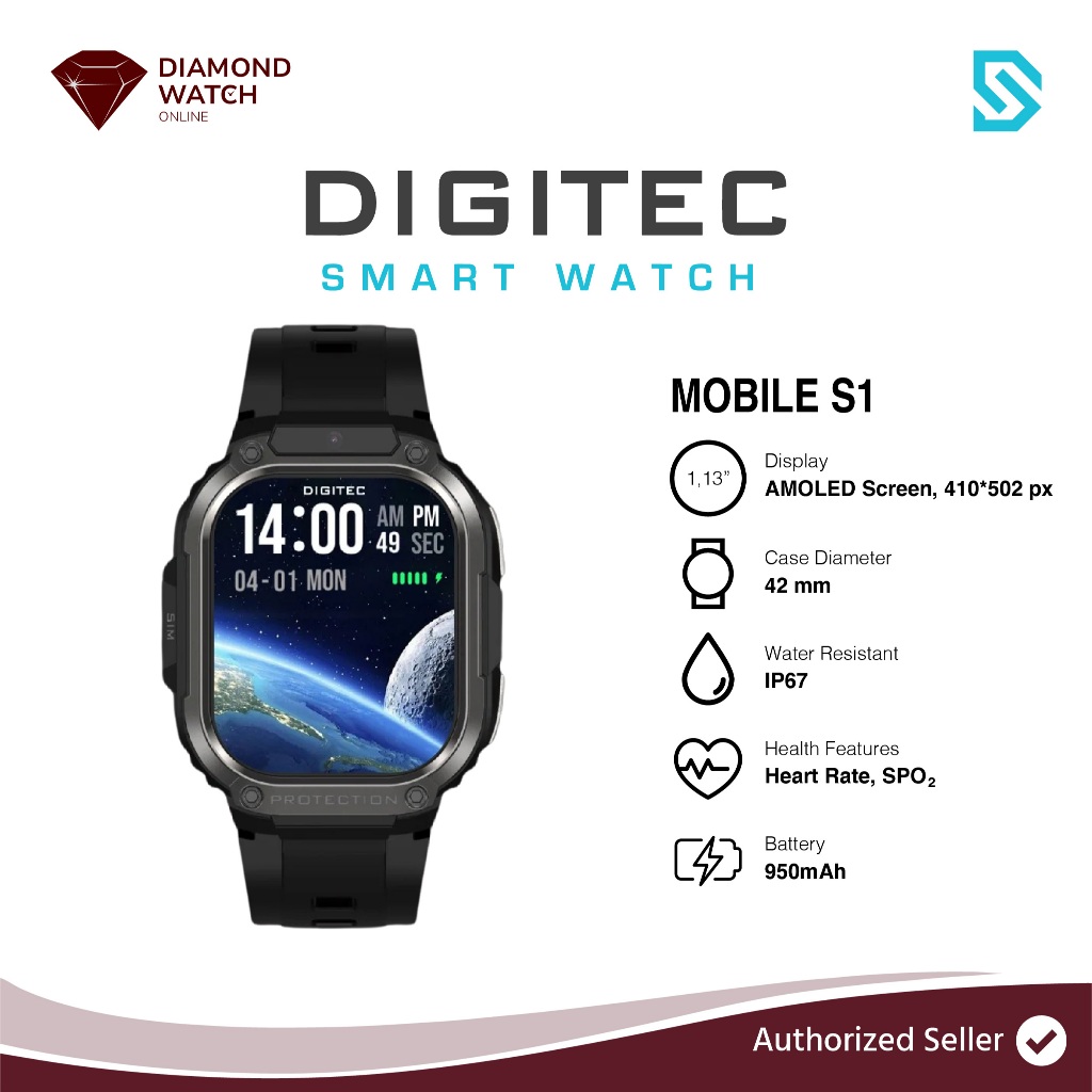 Jam Tangan Smart Mobile Digitec S1 Amoled Screen Free Sim Card By.U  MOBILE S1
