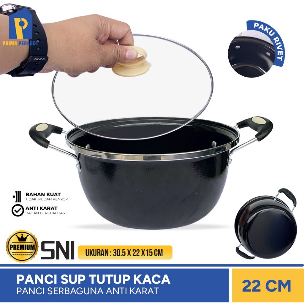Panci Masak Enamel 22cm Tutup Kaca Panci Sup Hitam Sinda