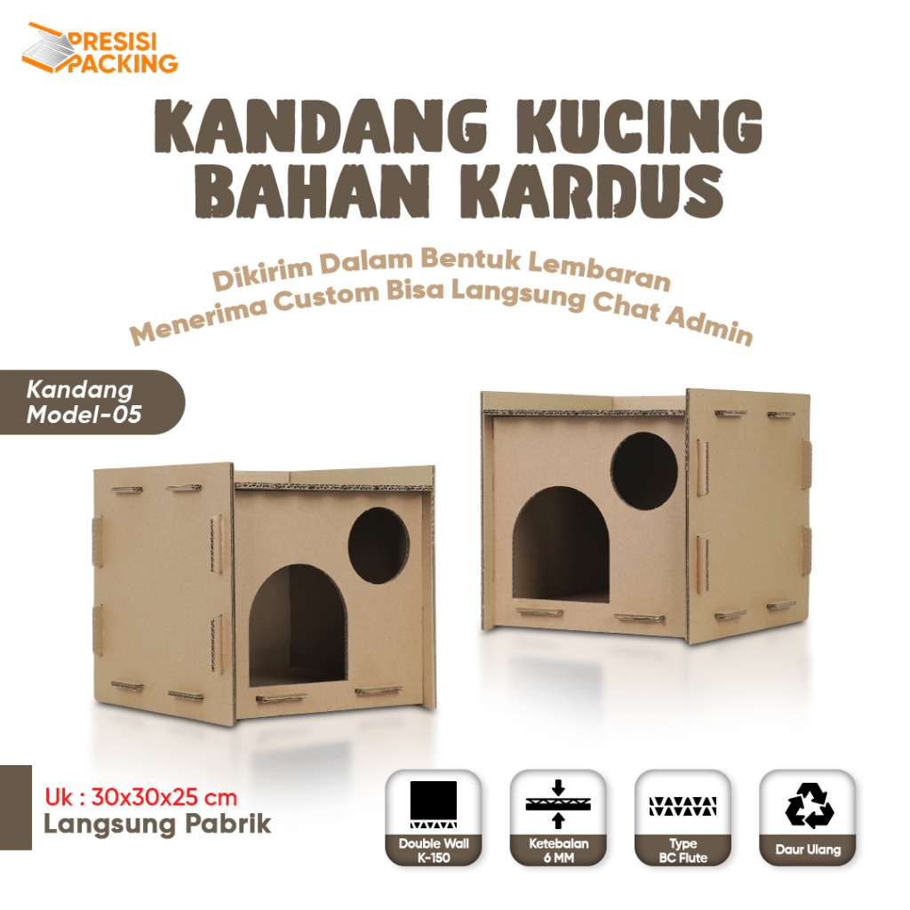 Rumah Kucing bahan kardus untuk mainan hewan peliharaan Premium P-03 Bahan Kardus 6mm Ukuran 30x30x2