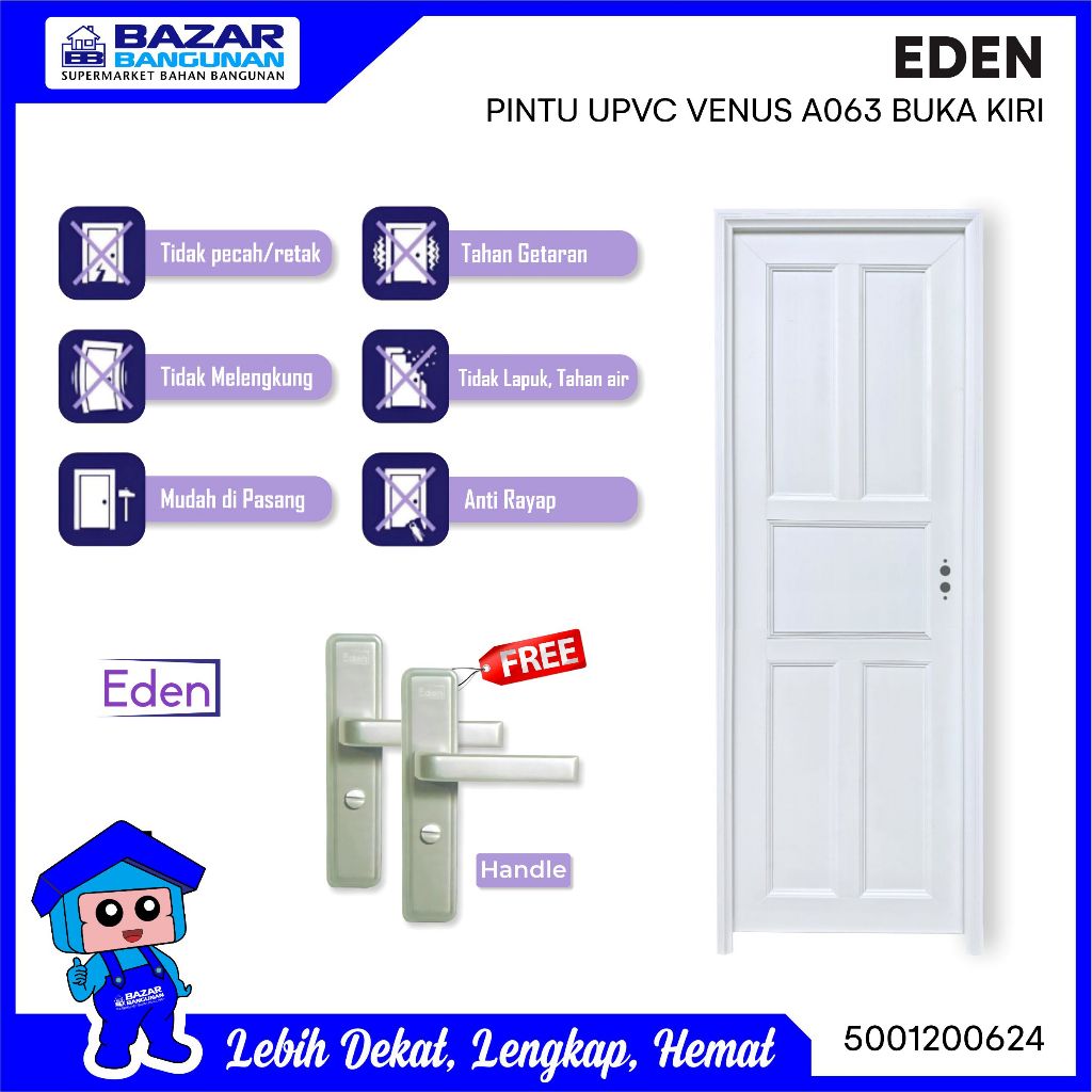 Eden - Pintu Kamar Mandi / Wc Upvc Venus A063 Buka Kiri White