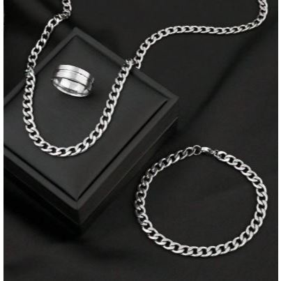 KALUNG RANTAI TITANIUM MOTIF RANTAI KILAT STAINLESS GRATIS GELANG DAN CINCIN POLOS