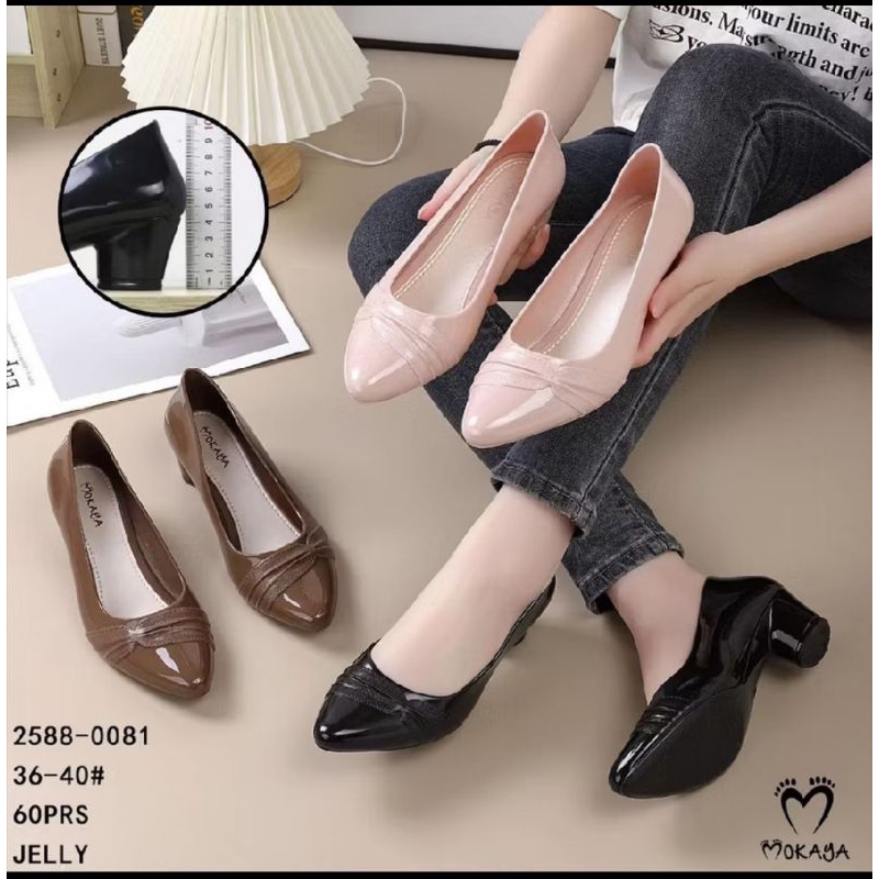 Sepatu Slop Jelly Wanita Hak Tinggi Motif Glossy Kerut Samping
