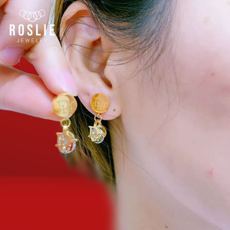 Anting Tusuk Motif DiorE Permata Titanium Anti Karat - Roslie Jewelry