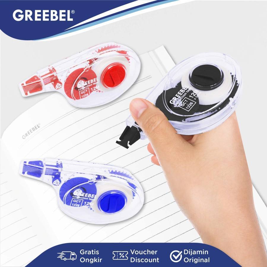 

Greebel Correction tape GCT-1226/ Tipe-x Roll Kertas 12m x 5mm Greebel Non Toxic 1226