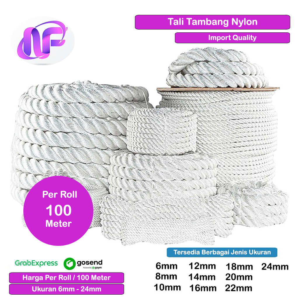 Tali Tambang Nylon Besar 16 mm - 24mm Roll Tali Tambang Nilon Putih Per Roll Gulungan Murah Tali Tam