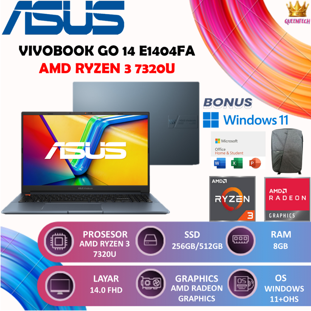 ASUS Vivobook Go 14 Ryzen 3 7320 8GB 512GB Laptop 14" FHD IPS Cocok Kerja & Kuliah