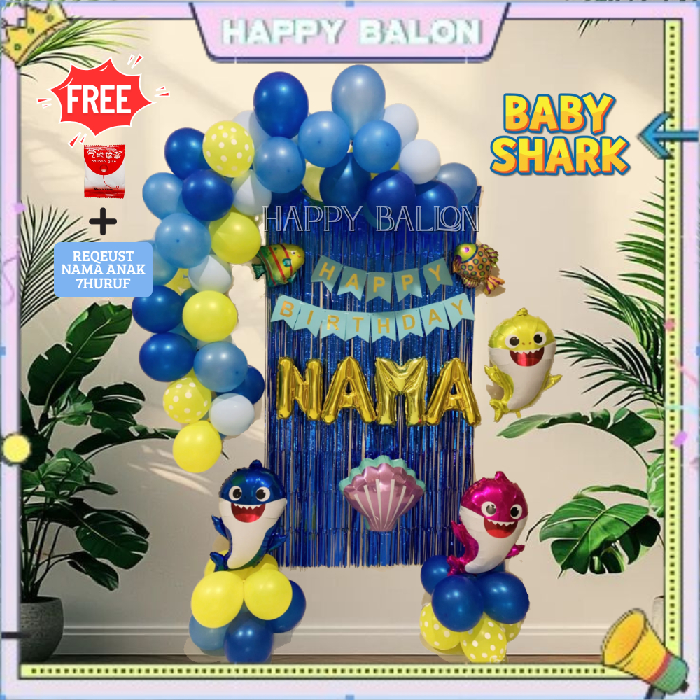 Set Dekorasi Balon Paket Ulang Tahun Tema BabyShark Garland Dekorasi Balon Set BabyShark Ulang Tahun