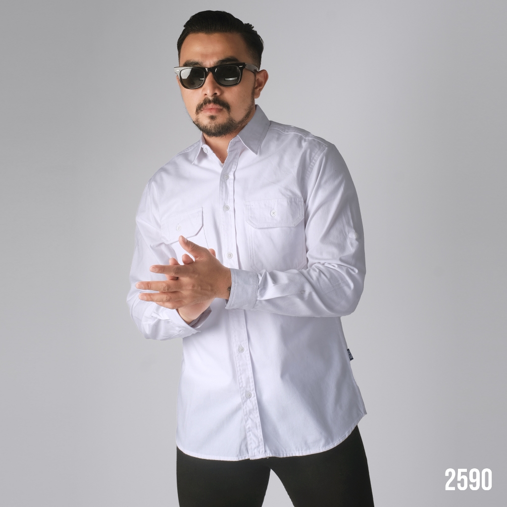 PAKAJI Kemeja Pria Lengan Panjang Polos Kemeja Polos Tactical Kemeja Canvas Putih Double Pocket 2590