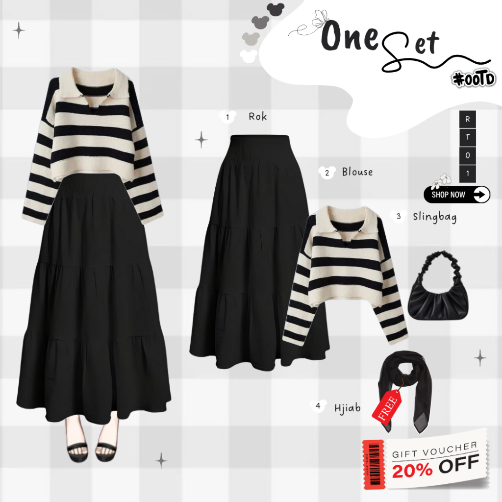 Set Outfit Kasual Garis Hitam Putih dengan Rok Panjang Set Outfit Kasual Modis dengan Blouse Garis H