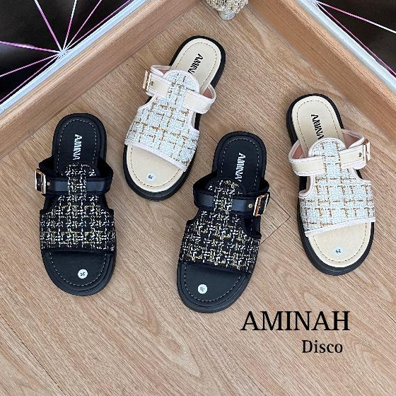 Aminah Disco Sandal Platform Wanita Tali Gesper Motif Rajut Trendy Flat Shoes