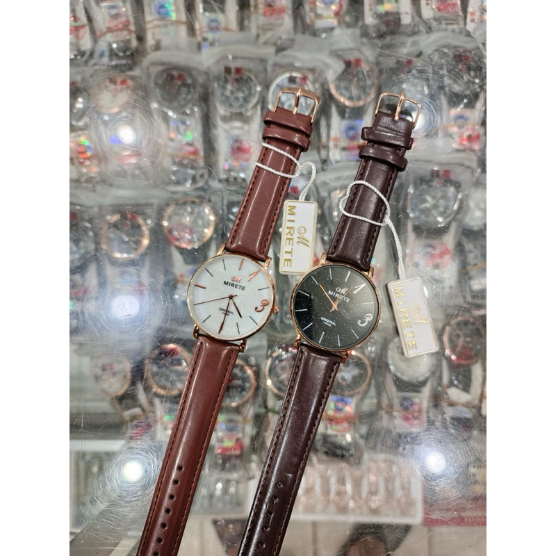 Jam Tangan MIRETE Strap Kulit Coklat Couple Stainless Steel Minimalis Elegant