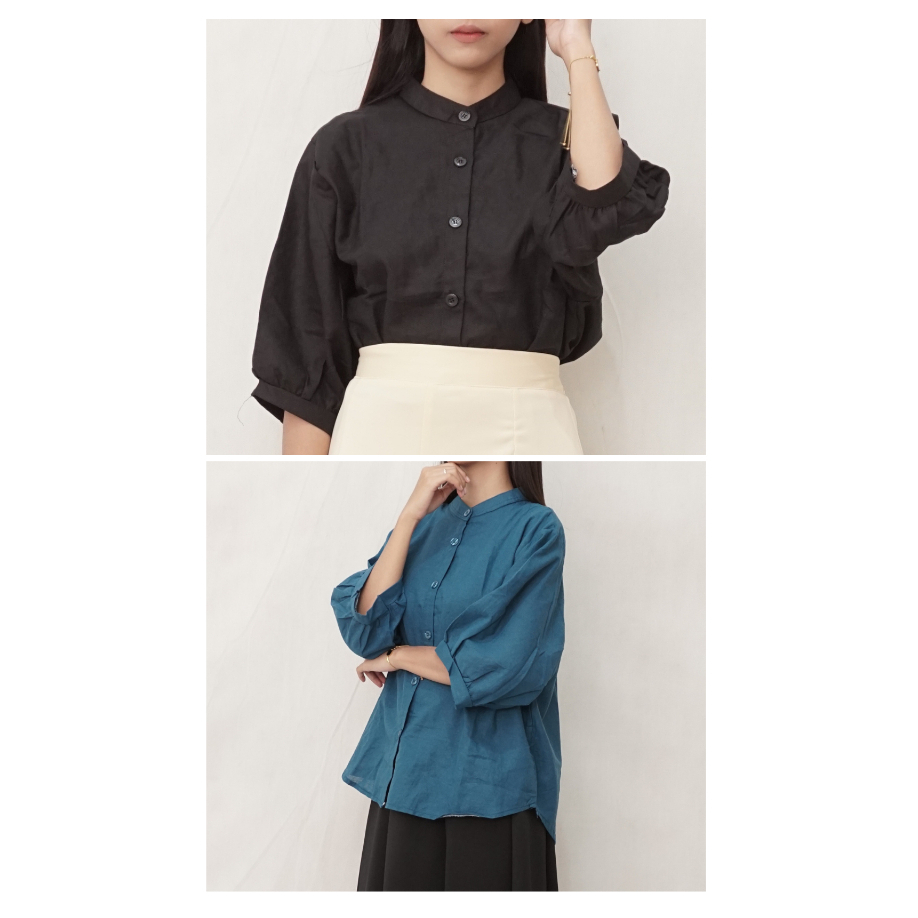 [Myra] Shirt - Kemeja Oversize Cewe - Kemeja Blus - Linen 3/4 Lengan Balon Baju Atasan Panjang Casua